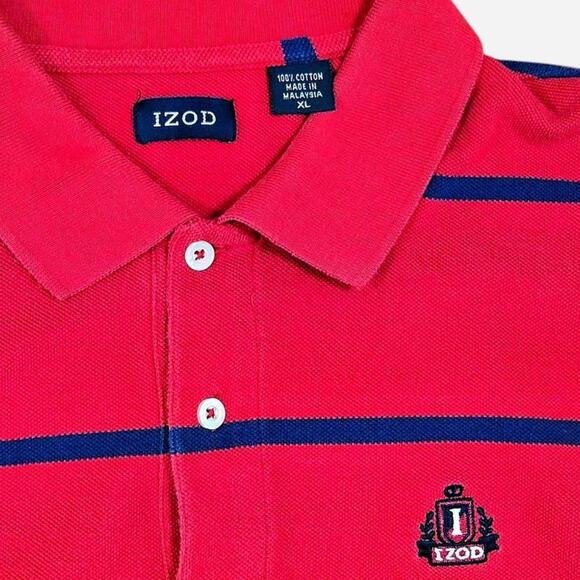 IZOD Men's XL Red Navy Striped Cotton Polo Shirt Short Sleeve - Picture 3 of 3